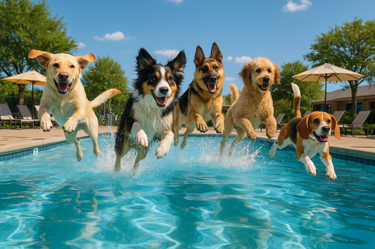 Dogs jumping into a pool