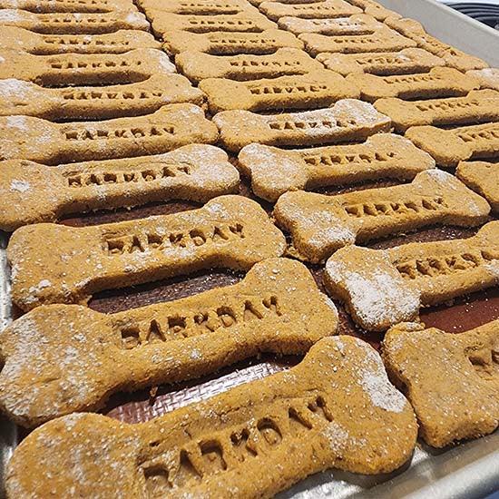 Gluten-free bone-shaped dog treats with 'BARKDAY' embossed, dusted with powdered sugar, perfect for pup birthdays