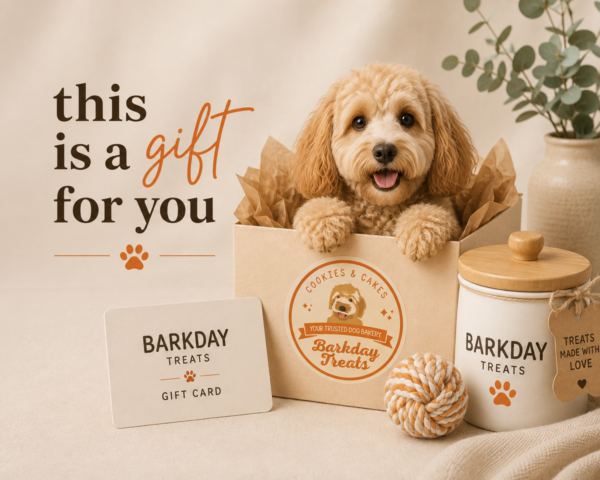 Barkday Treats digital gift card featuring paw print branding for dog treats and cake