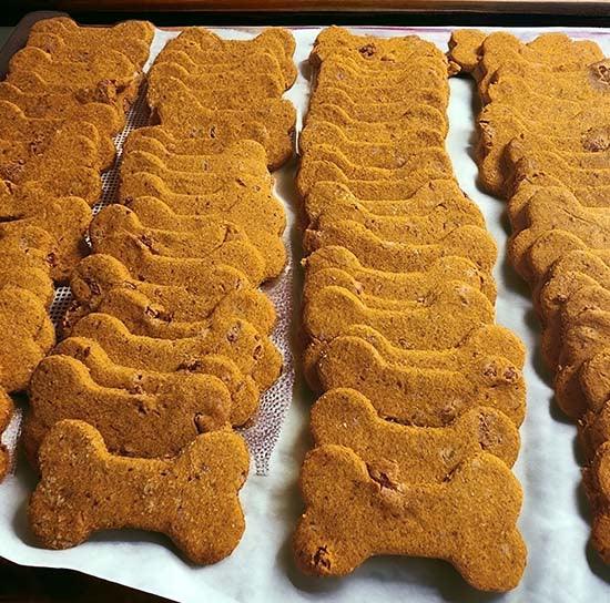 Gluten-free bone-shaped dog treats baked with human-grade ingredients, perfect for pup birthdays
