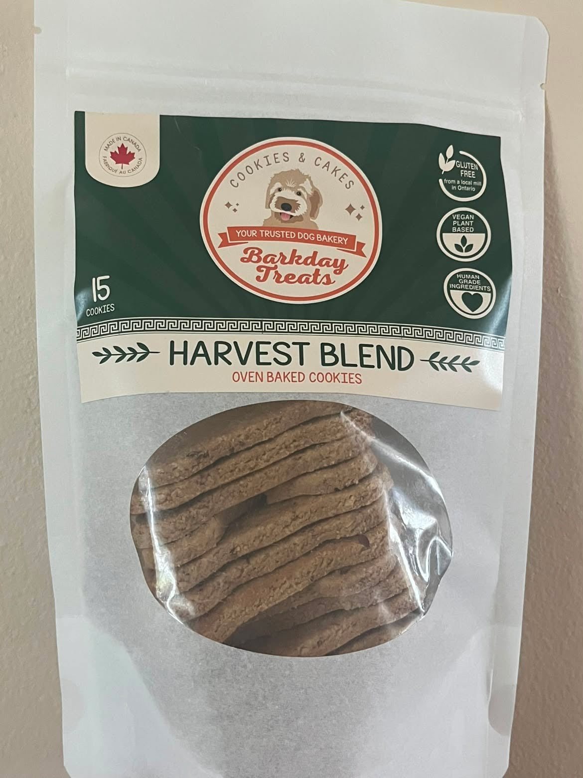 Barkday Treats Harvest Blend gluten-free dog cookies made with apple, nuts and seeds