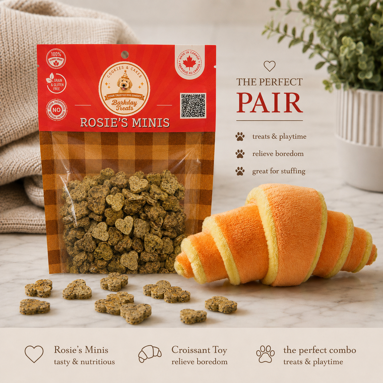 Croissant dog enrichment toy and Rosie’s Minis dog treats bundle from Barkday Treats
